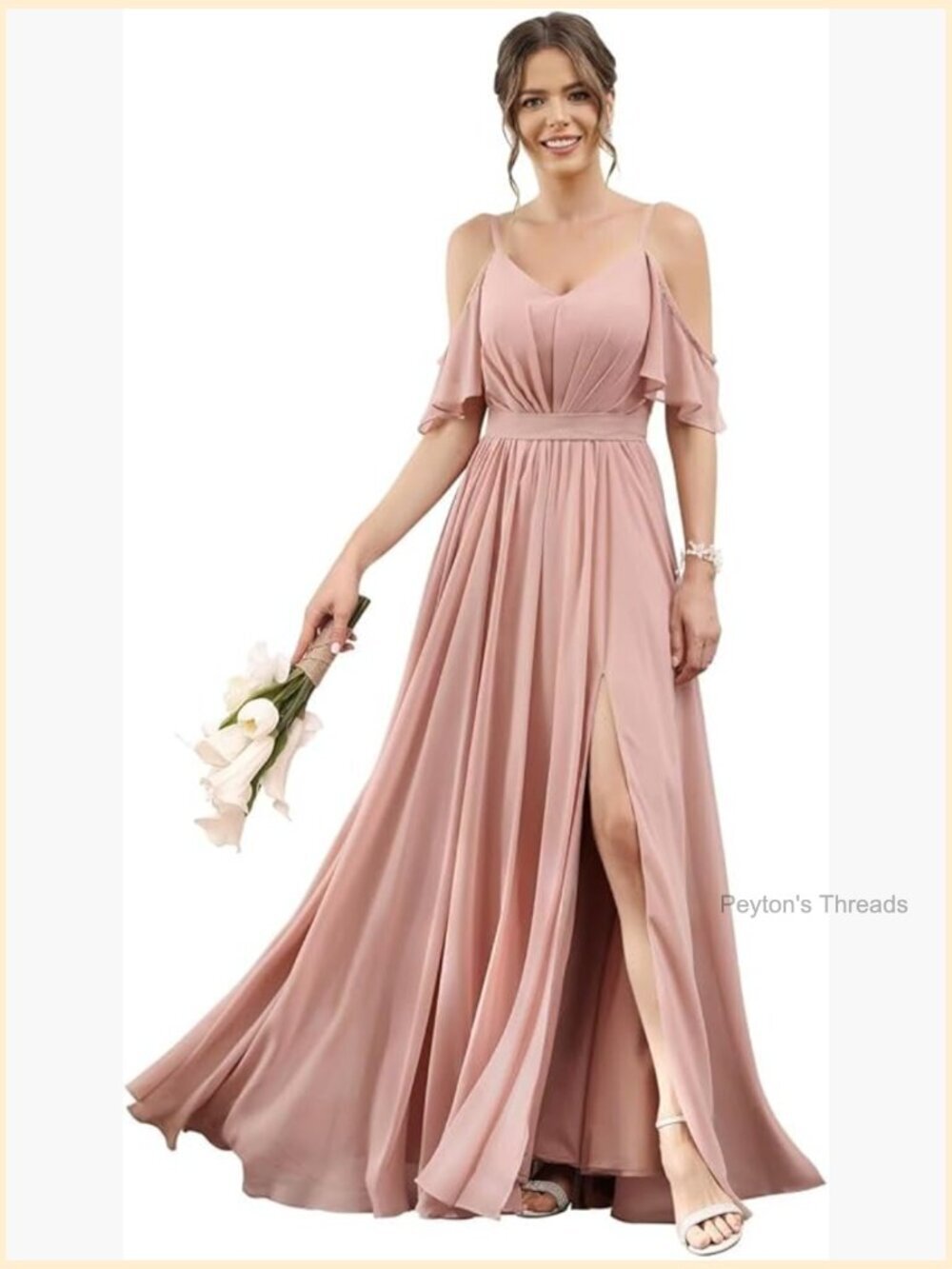 Women's Cold Shoulder Formal Maxi Dress with Slit V-Neck A-Line Chiffon